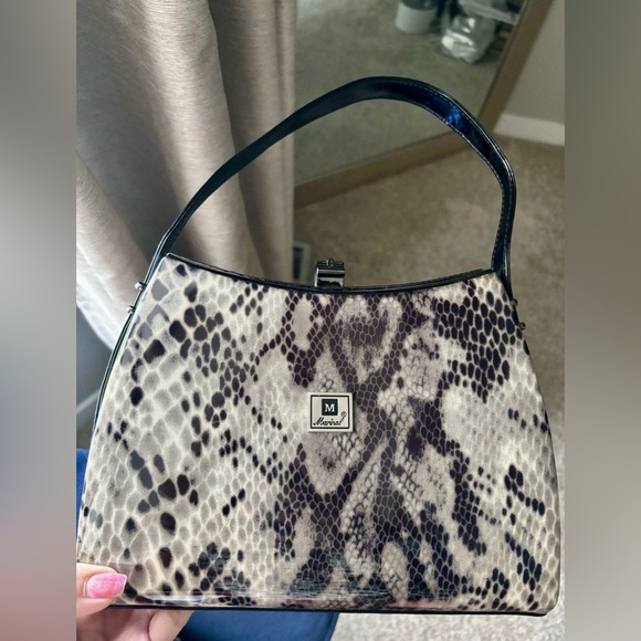 Marinal Snakeskin Print Shoulder Bag Black Hardware Structured 90s Y2K Vintage - Picture 12 of 12